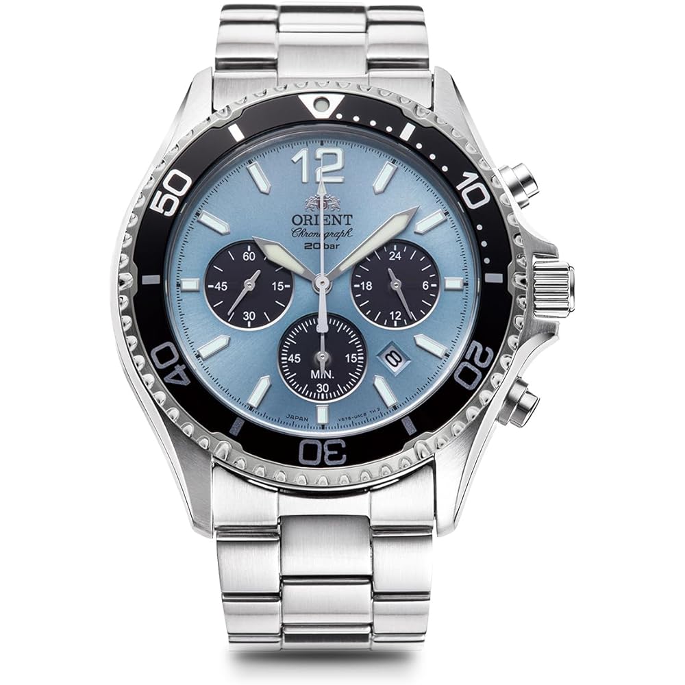 [Orient Watch] Mako Solar Powered Chronograph Watch, RN-TX0206L, Men s, Sky Blue/Silver, with Domestic Manufacturer s Warranty.