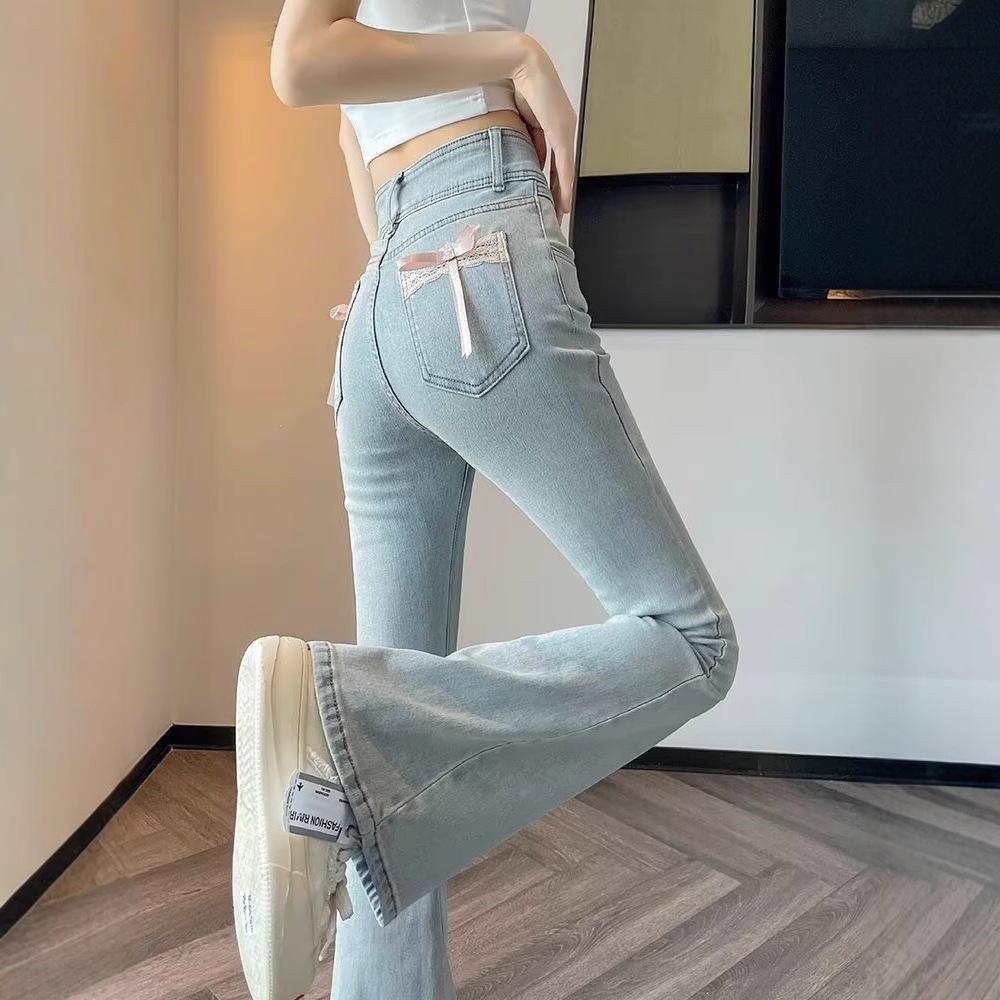 Women's High Waist Light Blue Micro-Flared Jeans with Bow, Spring/Autumn 2026 Trendy Edition.