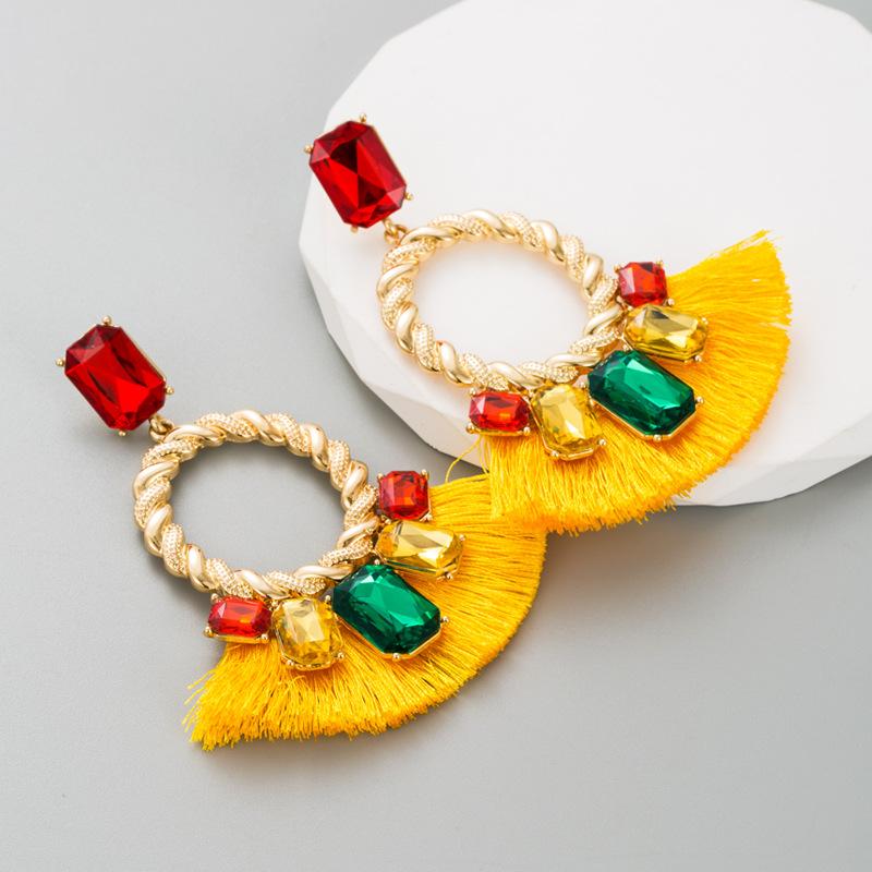Women's Drop Earrings Exaggerate Colored Glass Tassel Earrings Temperament Geometric Hollow Earrings Ornaments
