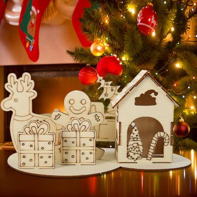 Wooden House Puzzle Block Christmas Building Block Ornament Kit Xmas Desktop Decoration Educational DIY Craft