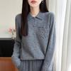 Wool Women's Open-weave Patchwork V-neck Long-sleeved Knitted Loose-fitting Sweater
