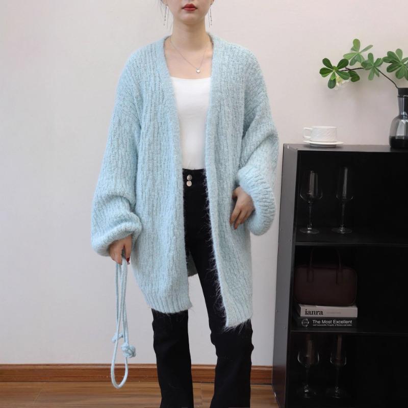 Autumn and winter lace-up loose knitted cardigan medium and long temperament advanced sense gentle wind sweater jacket women
