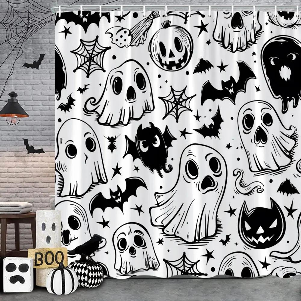 Spooky Horror Halloween Skeleton Crow Shower Curtain Black Bat Black Cat Polyester Fabric Bath Curtain Bathroom Decor With Hoo