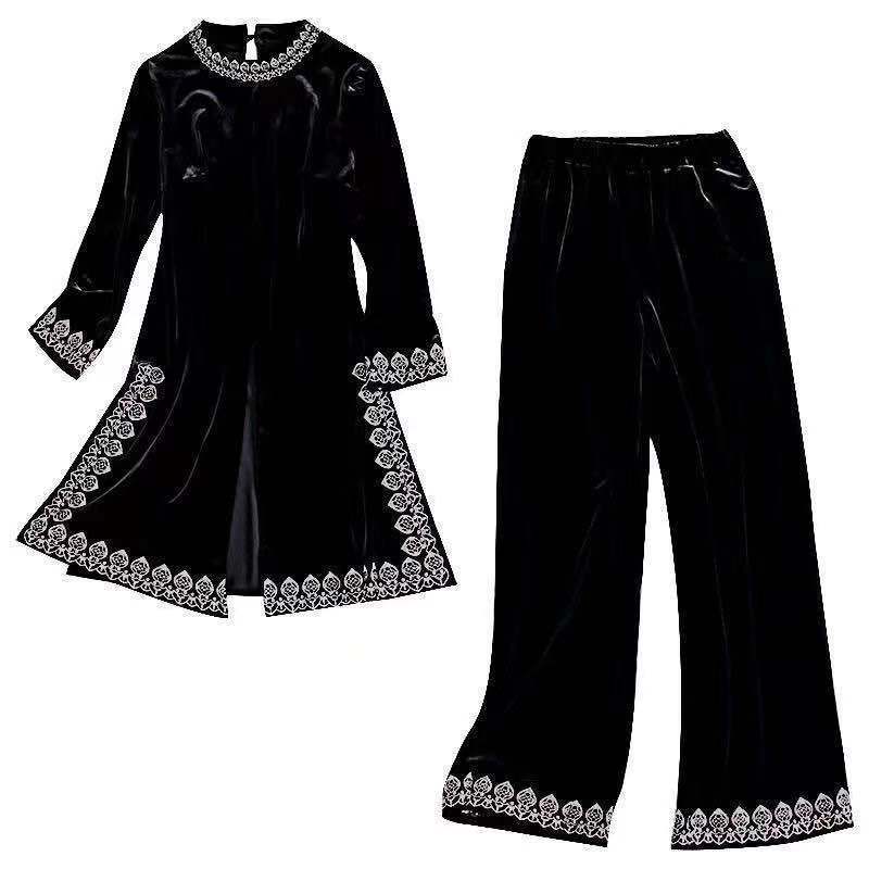 Women Gold Velvet Suit Spring Fashion Pullover Tops and Full Pants Two Piece Set Female Velvet Pants Set