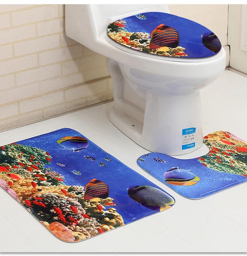 

3D Ocean Seabed Animals Toilet Cover Bath Mat Sets Fish Dolphin Printed Bathroom Curtain Set Waterproof Fabric Shower Curtains 3-piece set 45x75cm