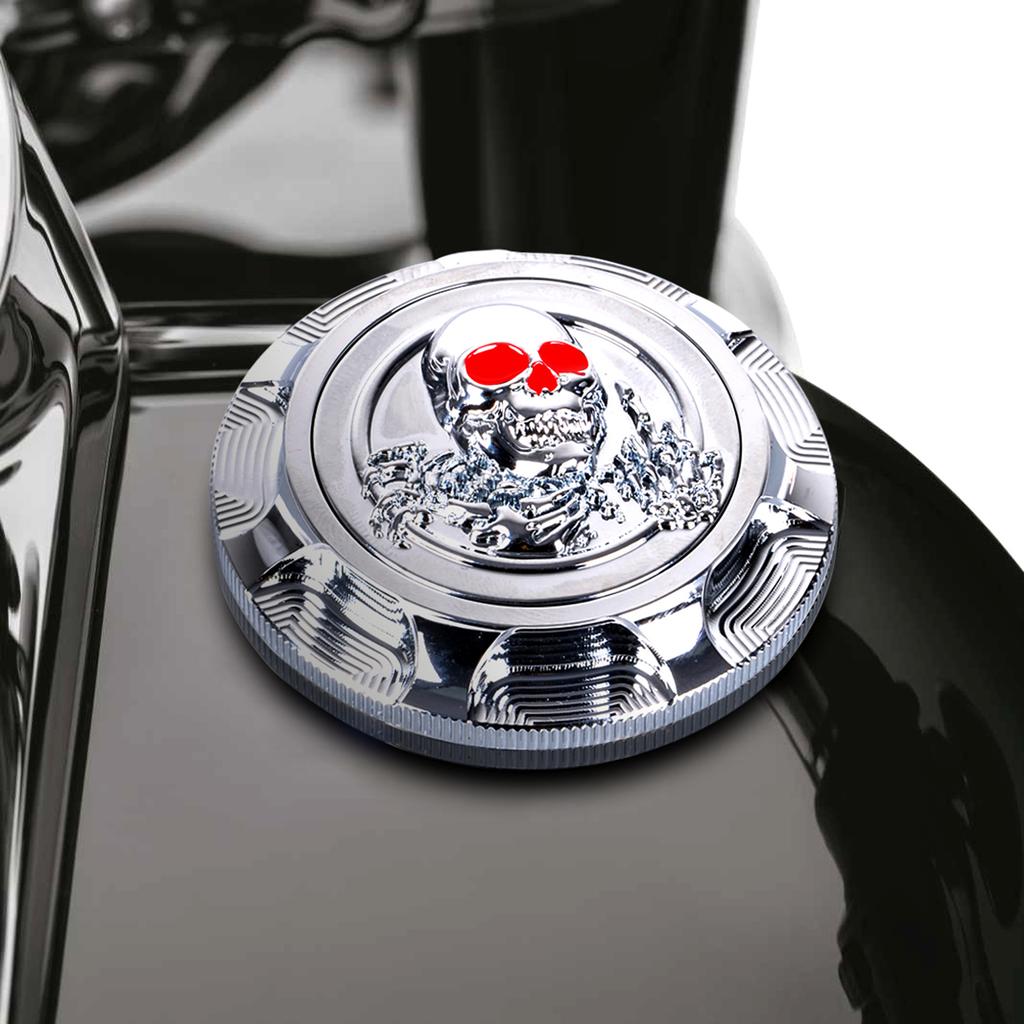 For Harley Sportster XL 1200 883 X48 Dyna Aluminum Fuel Gas Tank Cover Cap 3D Chrome Skull Red Eyes Style