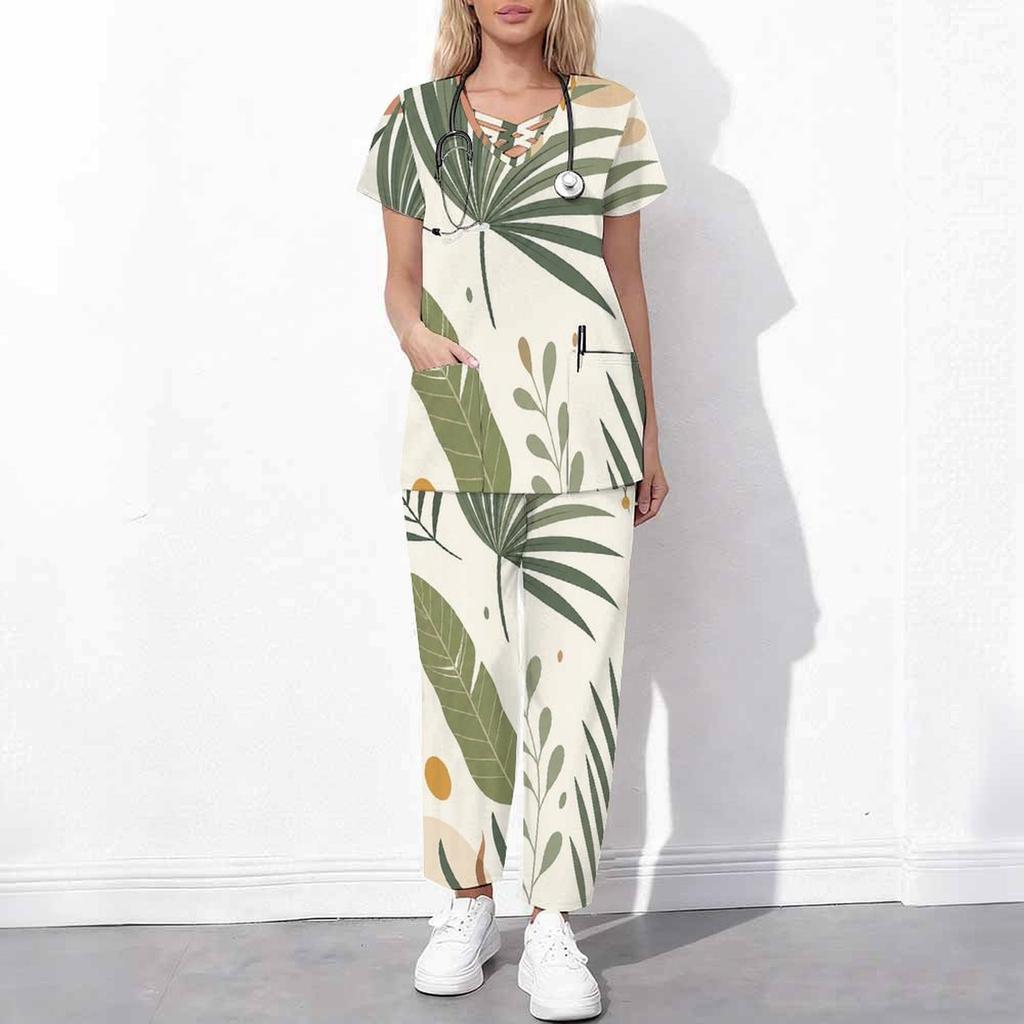 Women Plus Size Printed Scrub Set Crisscross Cutout Neck Short Sleeve Pockets Top Long Pants
