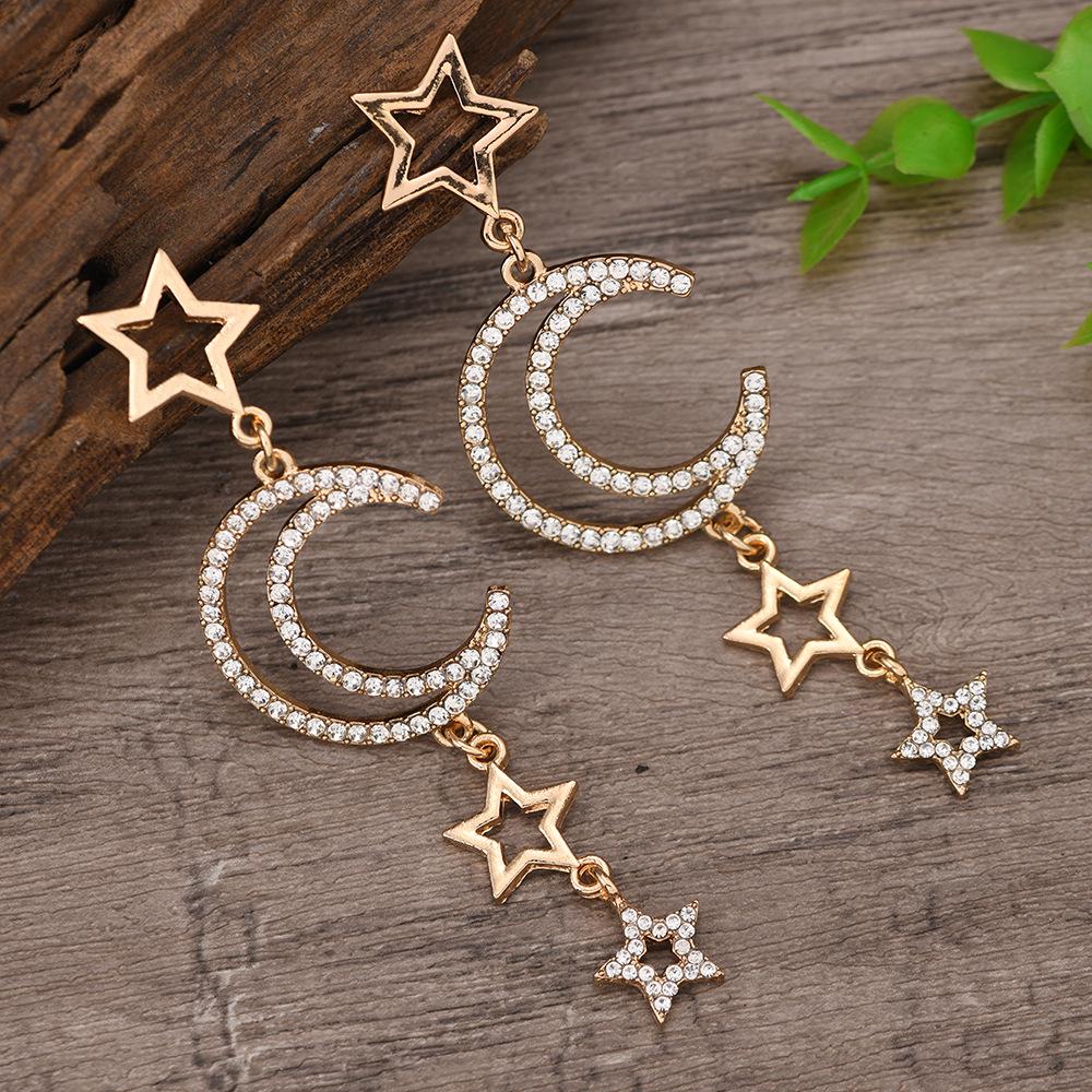 Korean High-End Star & Moon Zirconia Long Earrings - Personalized Fashion Statement