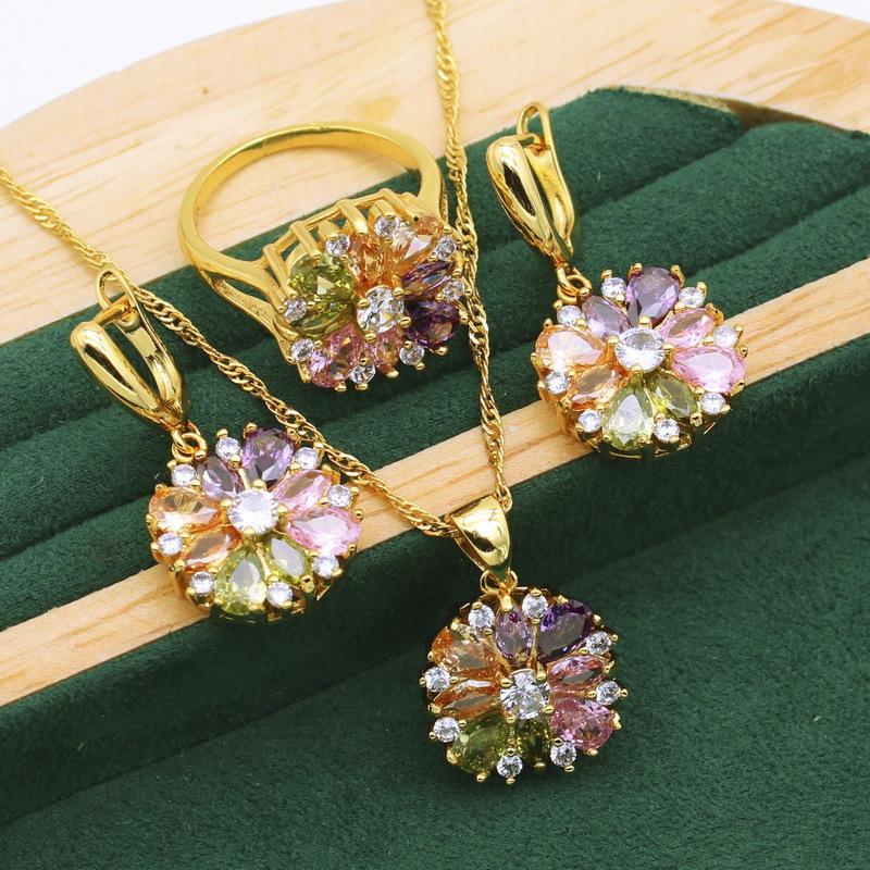 Jewelry European and N Light Luxury Colored Flowers Zircon Inlay Necklace Earrings Lady Jewelry Set