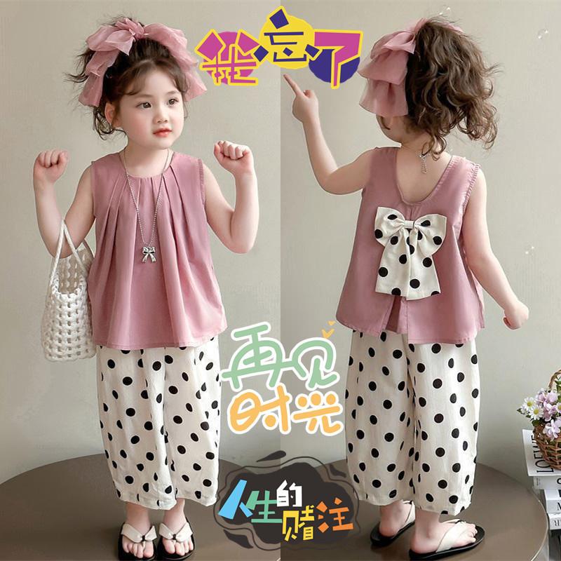 Girls Summer Bow Blouse And Polka Dot Pants Set Kids Casual Sporty Two Piece Outfit For Toddler
