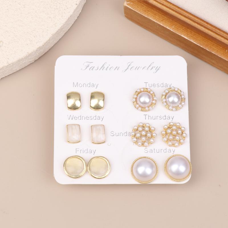 6Pairs Elegant Geometry Trim Edge Pearl Stud Earrings Gold Color Imitation Style for Wedding Ceremony