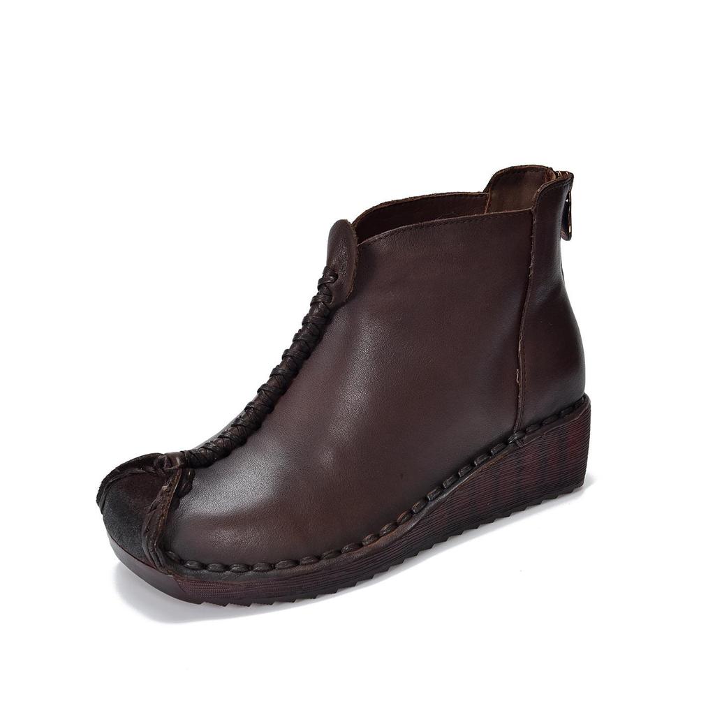 Johnature Versatile Genuine Leather Women's Wedges Shoes Retro Cowhide Soft Soled Short Boots