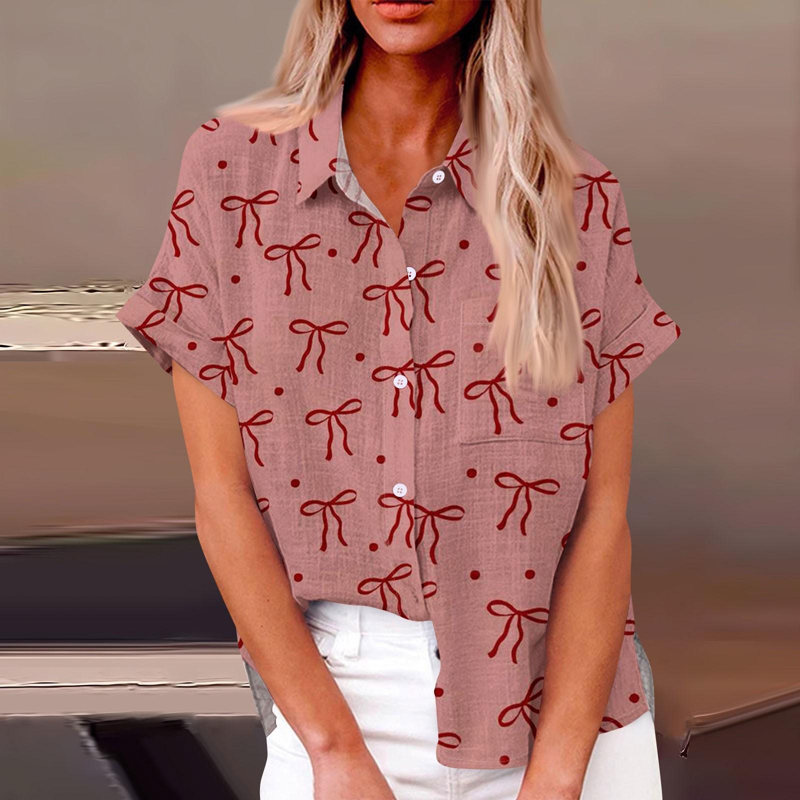 

Женская модная свободная повседневная рубашка с коротким рукавом и лацканами на пуговицах с принтом в виде банта XL арбуз красный