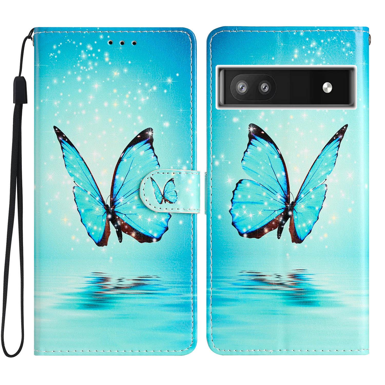 

For Google Pixel 6a Stand Wallet Phone Case Pattern Printing PU Leather Cover with Strap Blue Butterfly