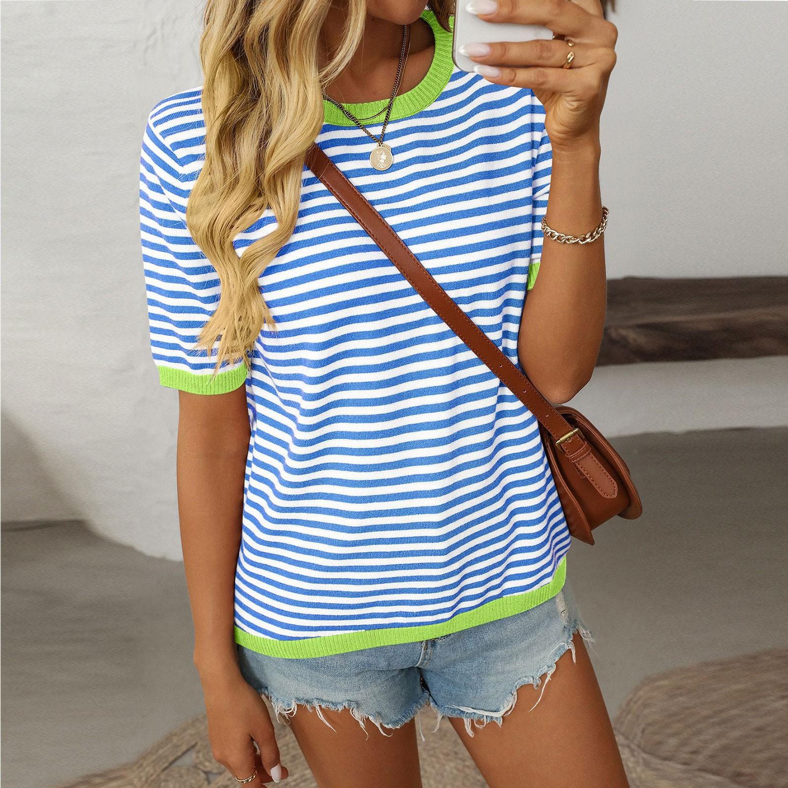 Damenmode Lockerer Rundhals Gestreift Farbblock Kurzarm T-Shirt Top M blau