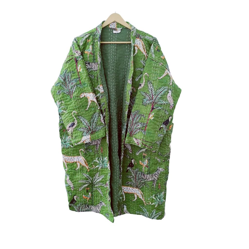 Pranipat Handicrafts Cotton Animal Print Lightweight Open Front Mid Length Hippie Women Kantha Jacket, Free Size