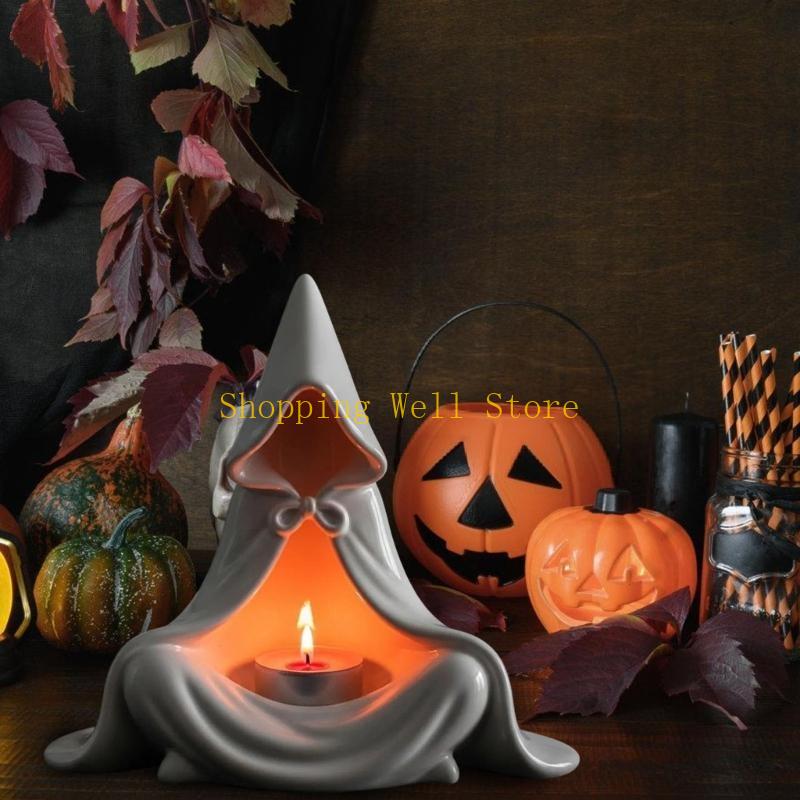 KX4B Halloween Resins Mysterious Wizard Sculpture Tealight Stand For Meditations Relaxation Ambiances and Party