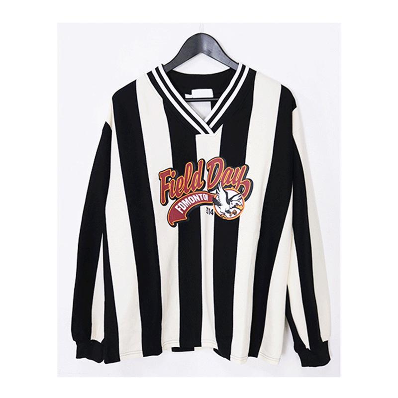 

Женский весенний 2025 свитшот свободного кроя с длинными рукавами, V-образным вырезом, полосатым колорблоком - спортивный повседневный топ средней длины XL (135-160 lbs) чёрный