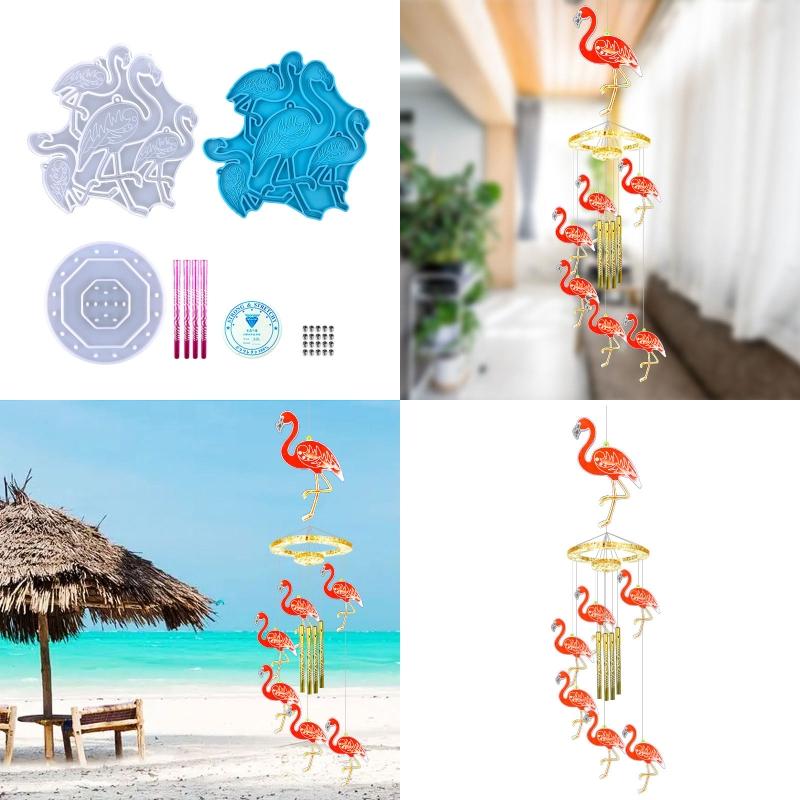 1 Set Flamingo Wind Chime Pendant Drop Glue Mold Diy Keychain Coaster Flamingo Wall Hanging Decorative Silicone Mold