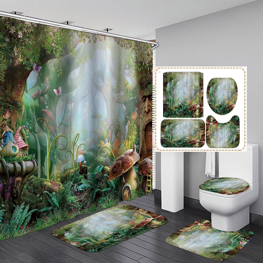 Fantasy Forest Fabric Shower Curtain Set Night Mysterious Jungle Full Moon Lake Vine Mushroom Butterfly Fairy Tale Bathroom Set