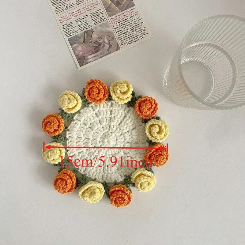 1PC Handmade Crochet Rose Coaster DIY Knitted Flower Insulated Cup Mat Mini Bouquet Creative Design Gift for Home Office Decor