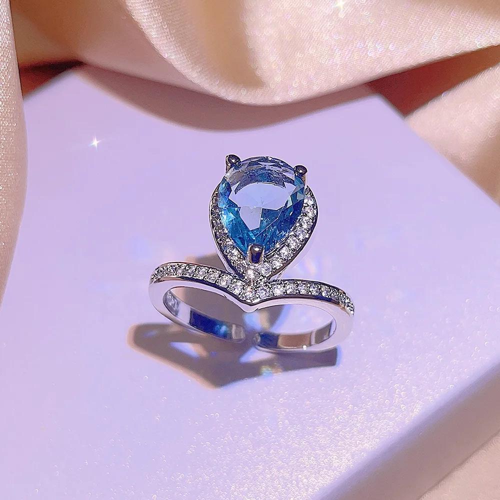 

Fine Jewelry For Women s 3pcs Set Inlaid Blue Water Drop Zircon Ring Earrings Necklace Fashion Jewelry Set Party Gift