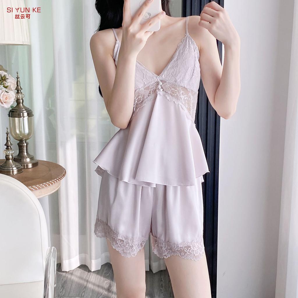 New Ice Silk Pajamas Women's Summer Suspender Nightdress Lace Lace with Chest Pad Pure Desire Style Loungewear Two-piece Set
