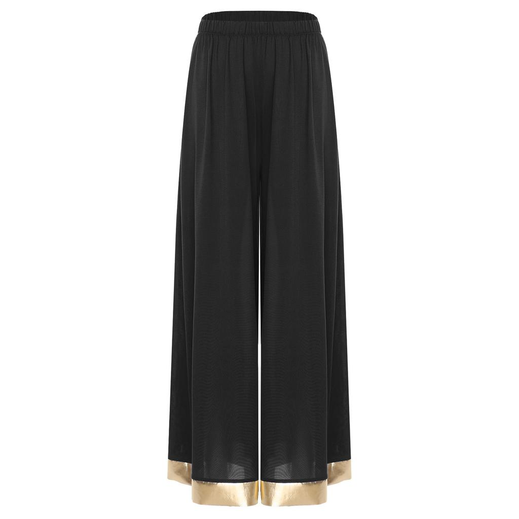 Womens Worship Praise Dance Pants Elastic Waist Metallic Shiny Trim Wide Leg Pants Loose Trousers