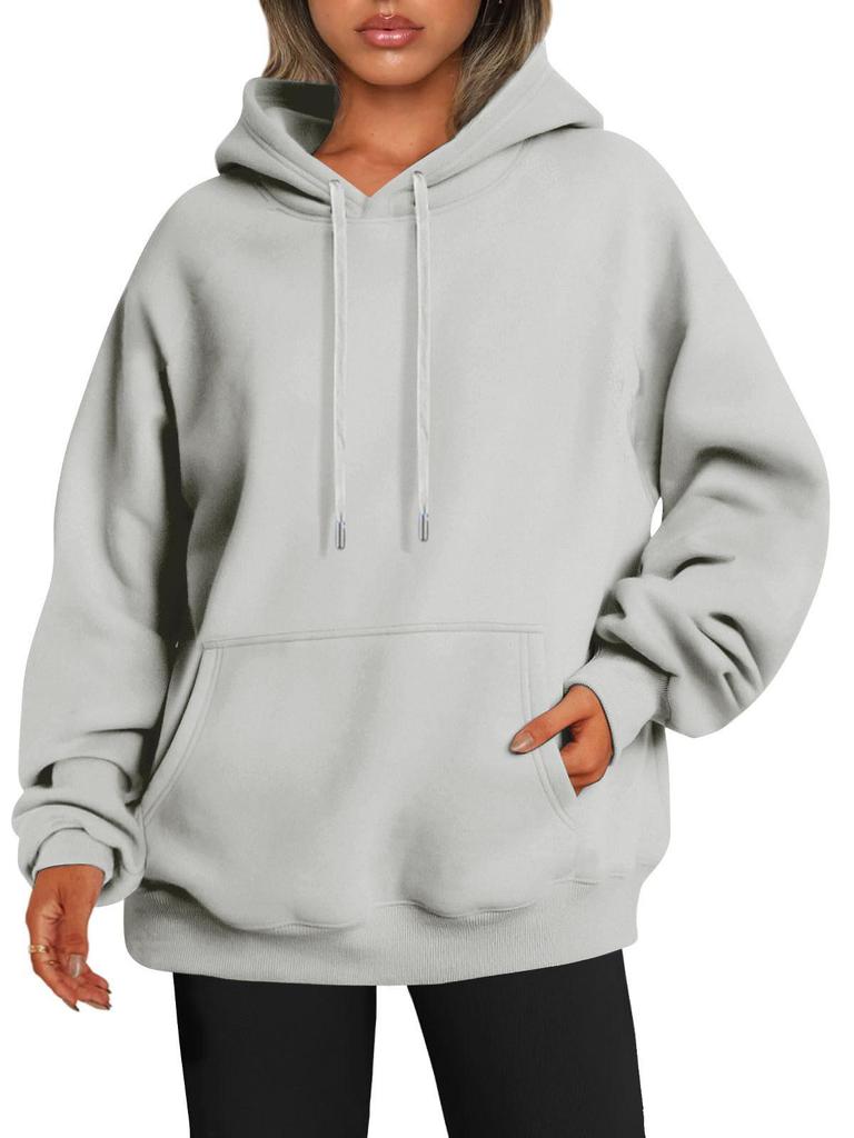 European 2023 Women's Autumn/Winter Plus Velvet Solid Color Loose Hooded Sweatshirt