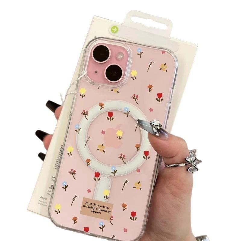 Full Screen Small Florals Suitable for Apple 16pro Mobile Phone Case Magnetically Absorbed IPhone 15 Protective Case 14 Transparent 13 Large Holes