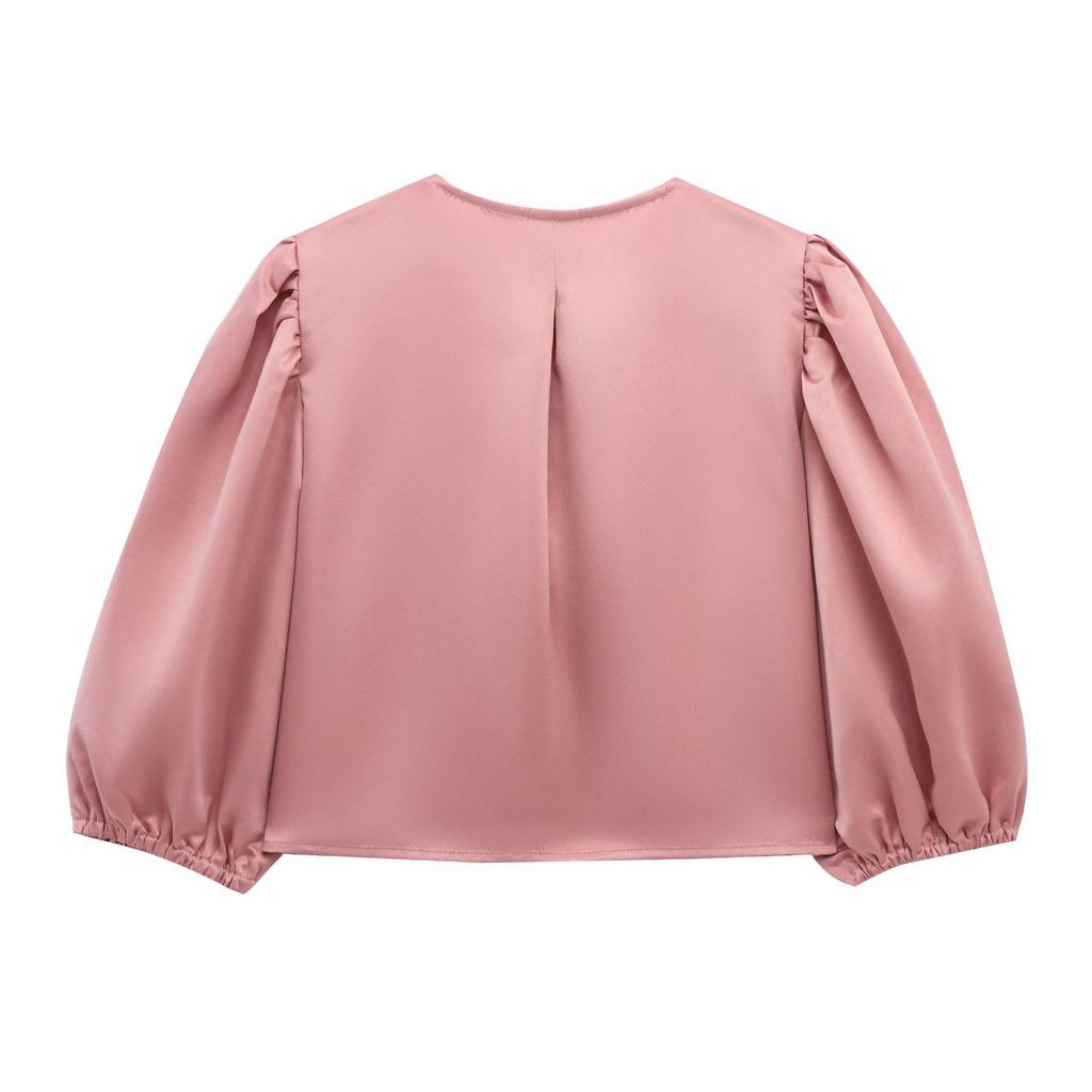 2025 Spring European & American Style Women's Satin Puff Sleeve Bow Top
