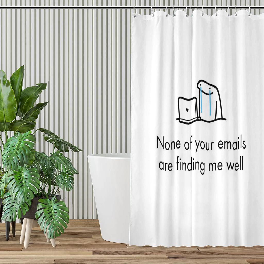 Funny Quote Shower Curtain – “None Of Your Emails Are Finding Me Well”, Laptop & Towel Art, Minimalist White Design