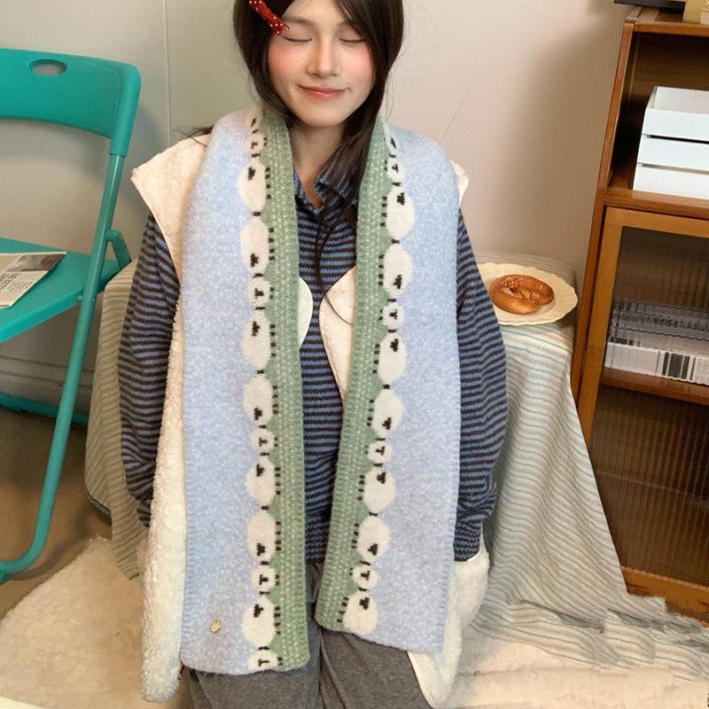 Luochi Sweet Sheep Knit Scarf: Cozy Jacquard Neck Gaiter for Autumn/Winter, Perfect for Students and Couples