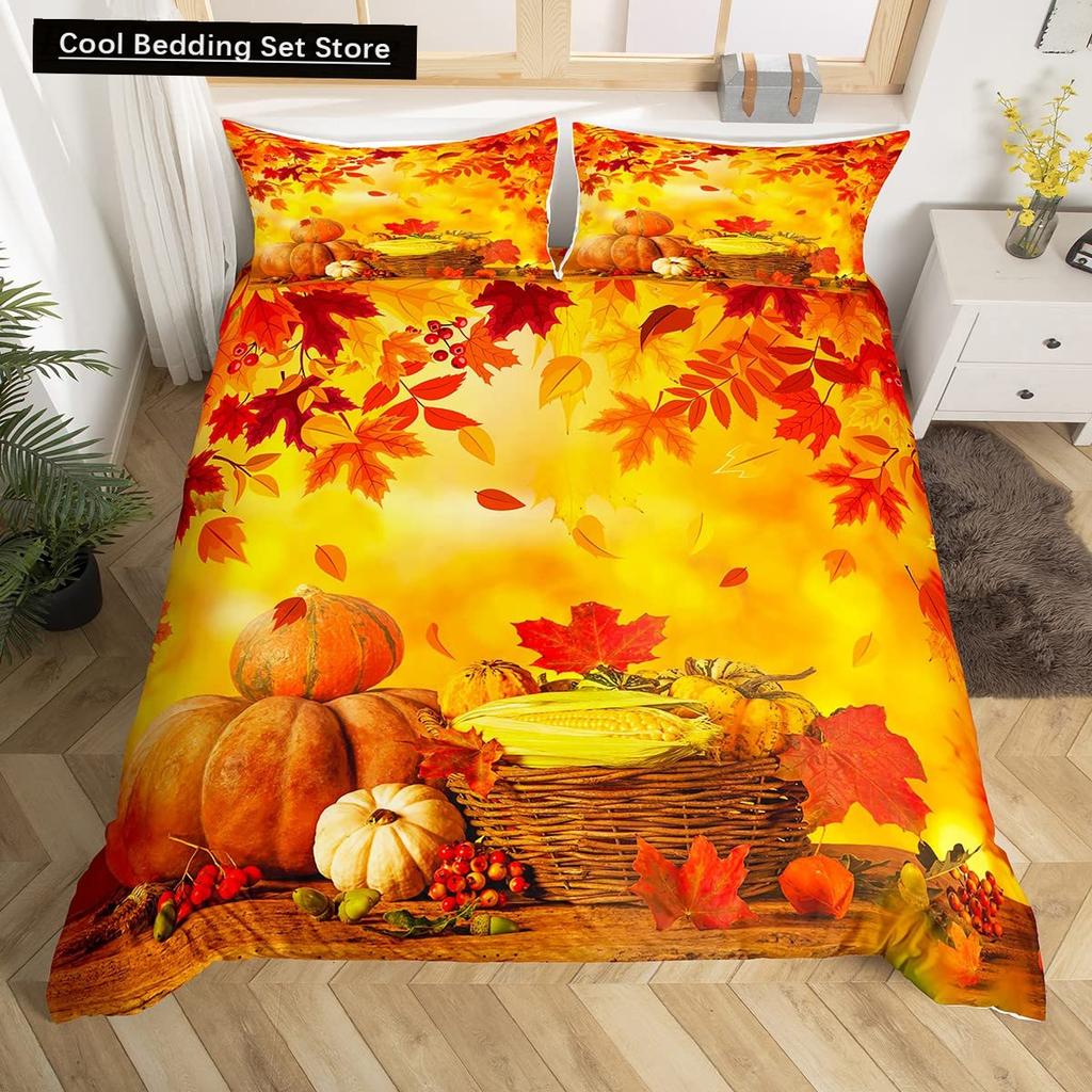 Autumn Tree Leaf King Queen Bedding Set Cartoon Botanical Duvet Cover Fallen Leaves Quilt Cover 2/3pcs Polyester Comforter Cover