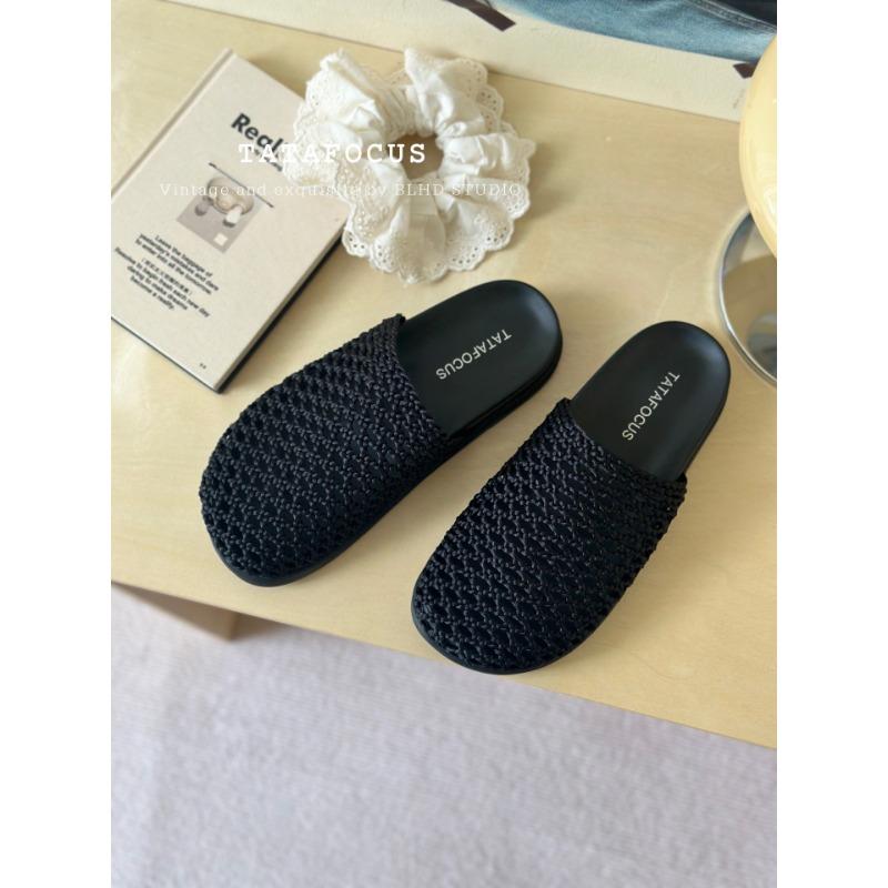 

New leather hand-woven retro bag head slippers wear thick bottom hollow one pedal lazy sandals girl 35 чёрный
