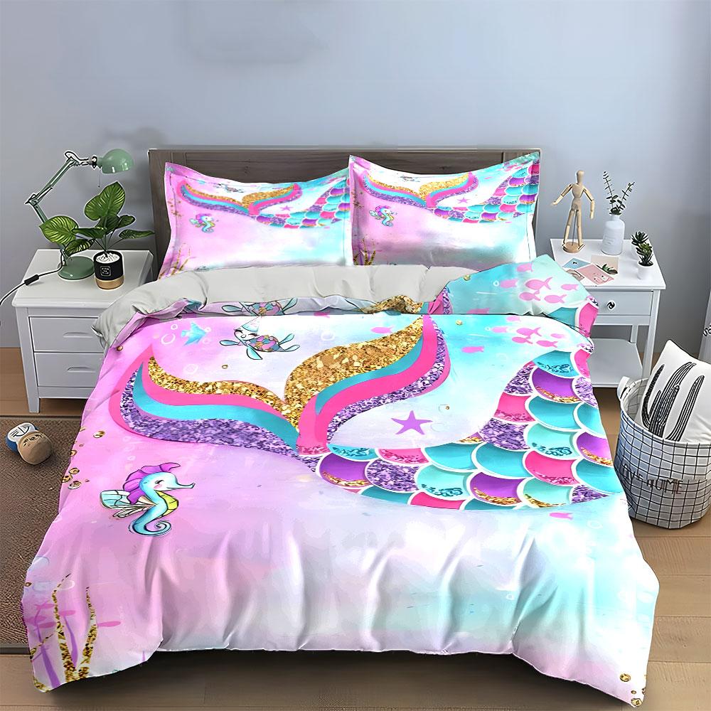 "Mermaid Tail Themed Set Decoration" Bedding Set with 1 Duvet Cover 2 Pillowcases Single Double King Queen, Gift