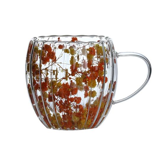 Double-Walled Glass Mug with Dried Flowers 250/350ml Heat Resistant Handle Coffee Cup for Hot Drinks Unique Artistic Glassware