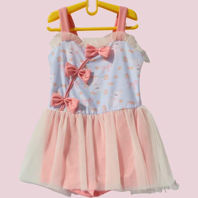 Korean Style Girls' Floral Strappy One-Piece Swimsuit with Bowknot and Gauze Skirt