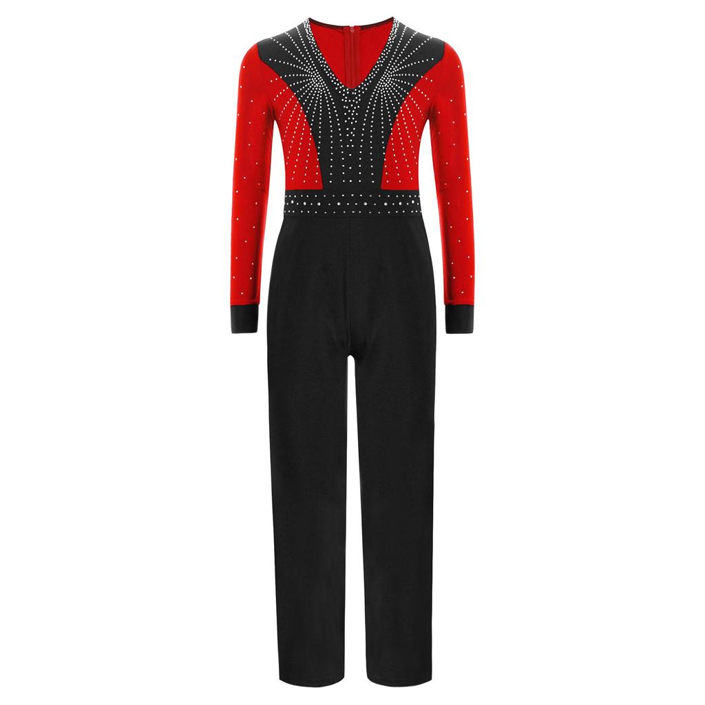 Boys Latin Dance Jumpsuit Color Block Design V Neck Long Sleeve Full Body Leotard Skating Performance Costume