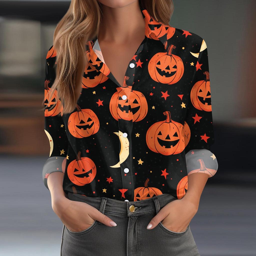 Damen Hemd Bluse Halloween Print Knopf Langarm Lässig Basic Hemdkragen Regulär Top