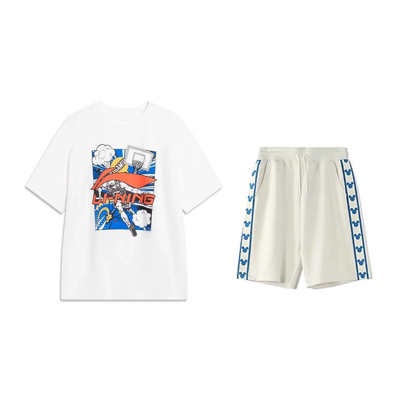 

Li Ning Logo Letter Round Neck Pullover Short Sleeve Loose Comfortable Versatile Shorts Casual Sports Suit Unisex suit AHSU805-2+YKSV129-1 S