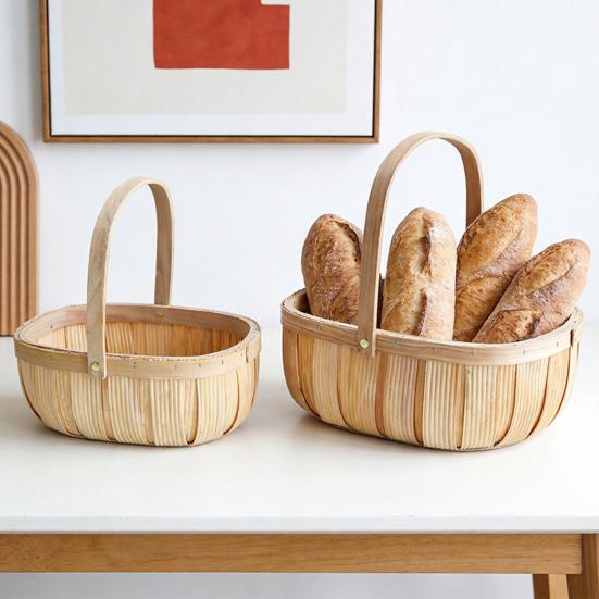 Reinforced Handle Organizer Handmade Woven Wood Storage Basket, Oval with Handle, Portable Food Serving Tray Large Capacity Bin for Kitchen