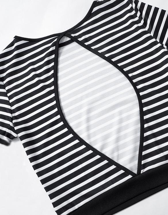 811 European-American Striped Backless Top & Slim Midi Skirt Set