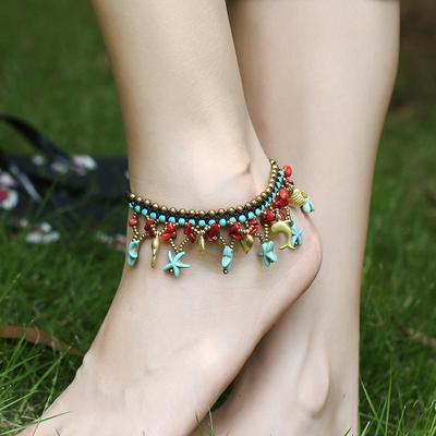 Neue böhmische Seestern Delphin Perlen Glocke Fußkettchen für Frauen Boho Stein Perlen Sandalen Kette Knöchel Armband auf dem Bein Fuß Schmuck