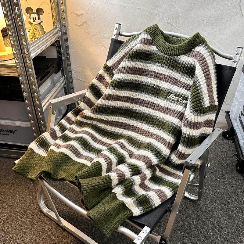 Men's Japanese Retro Striped Sweater - Thick Knit, Round Neck, Loose Fit for Autumn/Winter