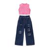 Summer Girls' Fashion Set, Children's Casual Solid-color Sleeveless Off-the-shoulder Pullover, Ripped Denim Trousers
