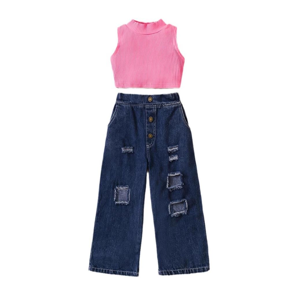 Summer Girls' Fashion Set, Children's Casual Solid-color Sleeveless Off-the-shoulder Pullover, Ripped Denim Trousers