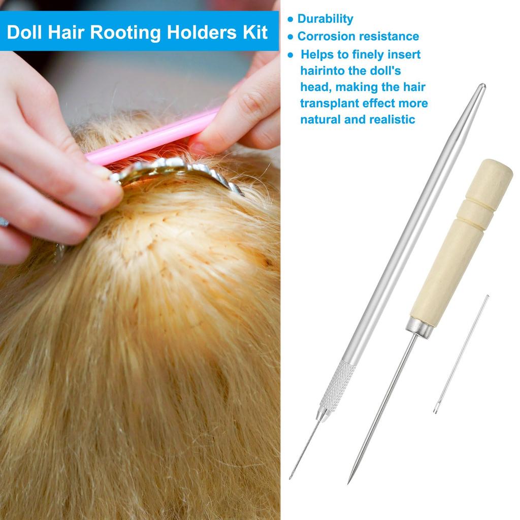 PATIKIL Doll Hair Planting Holder Doll Hair Planting Wooden Crochet Hook with Doll Wig Doll Hair Making Supplies for DIY Silver Tone Kit, 0.6mm