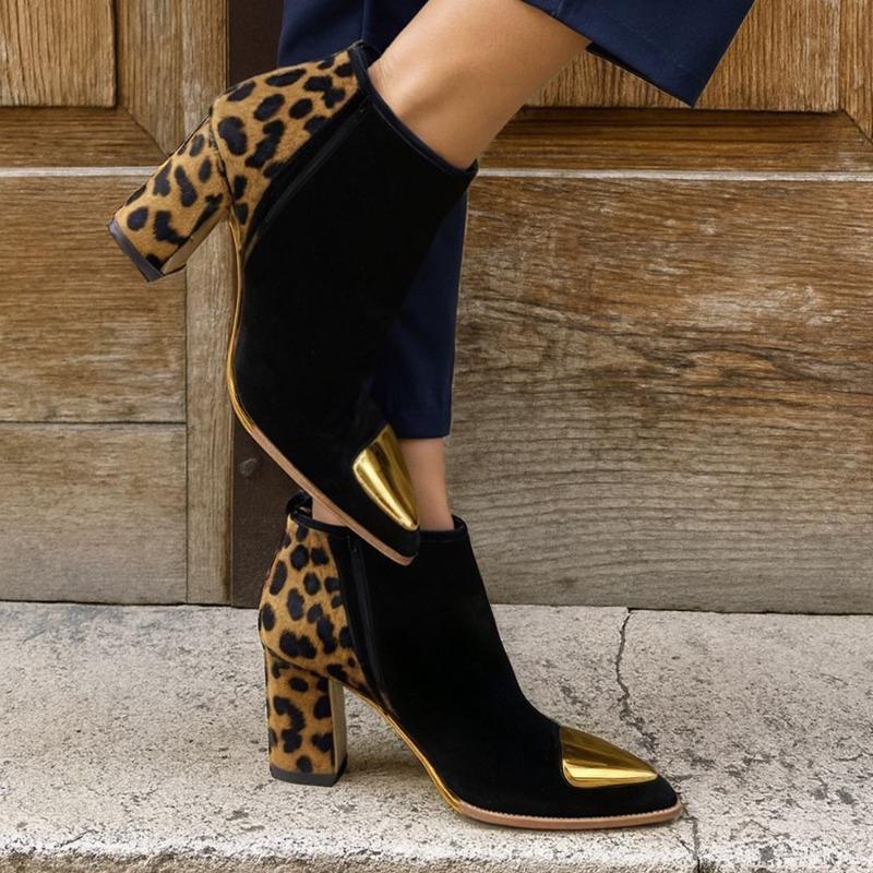 New autumn and winter splicing high-heeled splicing leopard print low-tube women s boots 34 чёрный