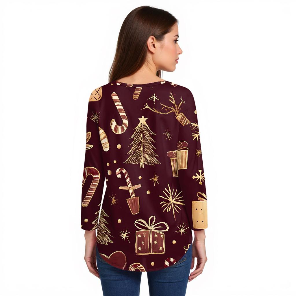 Women's Loose Round Neck Christmas Print Long Sleeve T-Shirt Top Pullover